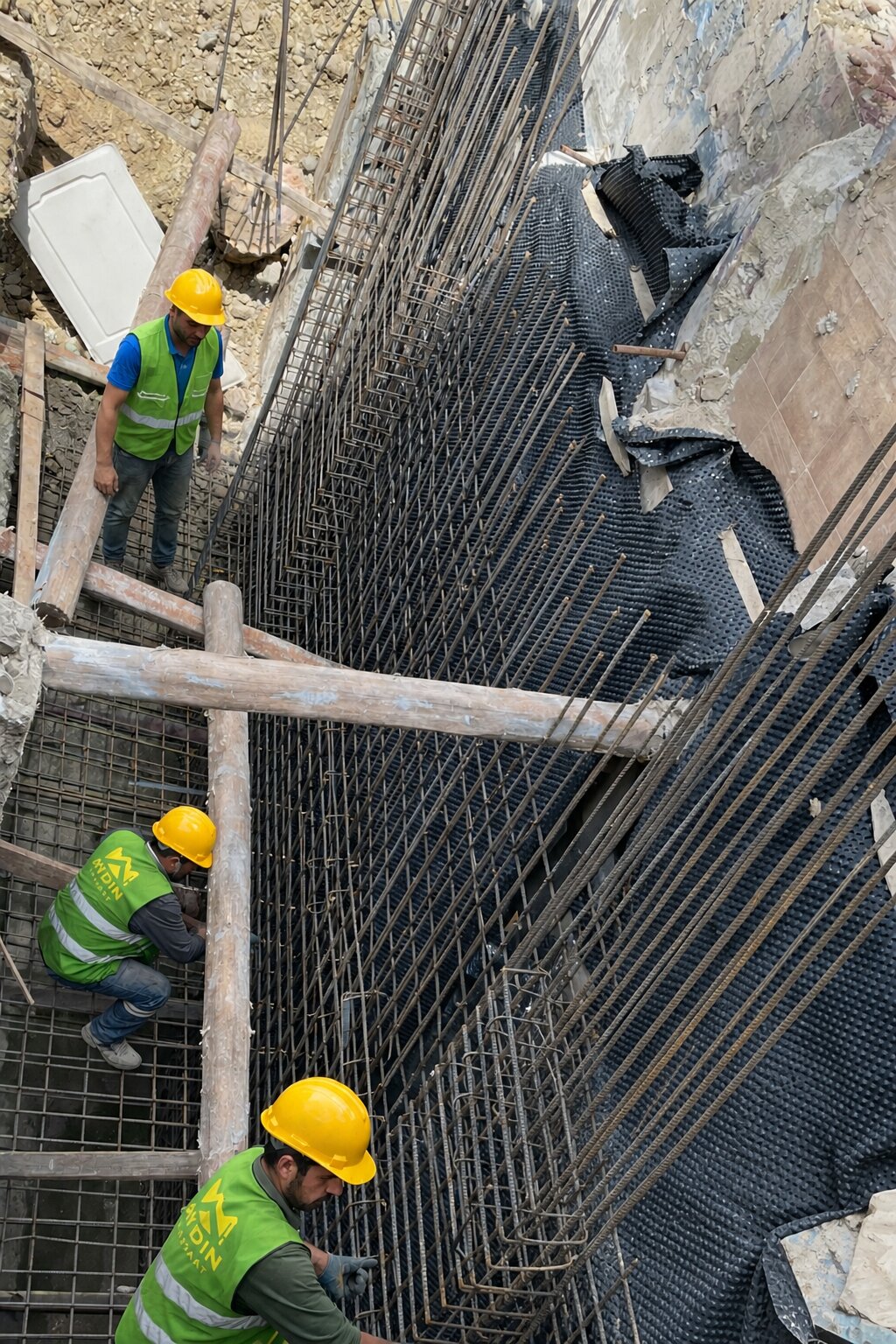 Aydın İnşaat ekibi temel donatı sahasında çalışırken